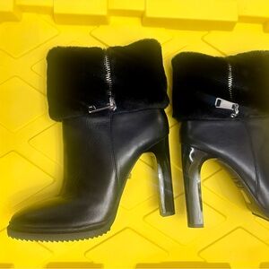 DKNY . Black Fur-Trimmed Ankle Boots. 6.5